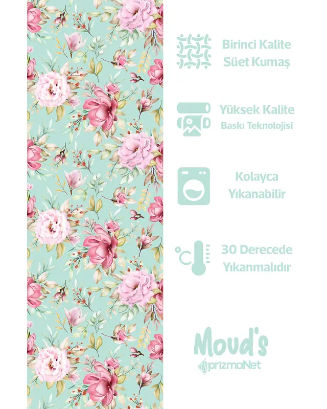 Yeşil Pembe Çiçek Desenli Süet Dertsiz Masa Örtüsü - 2