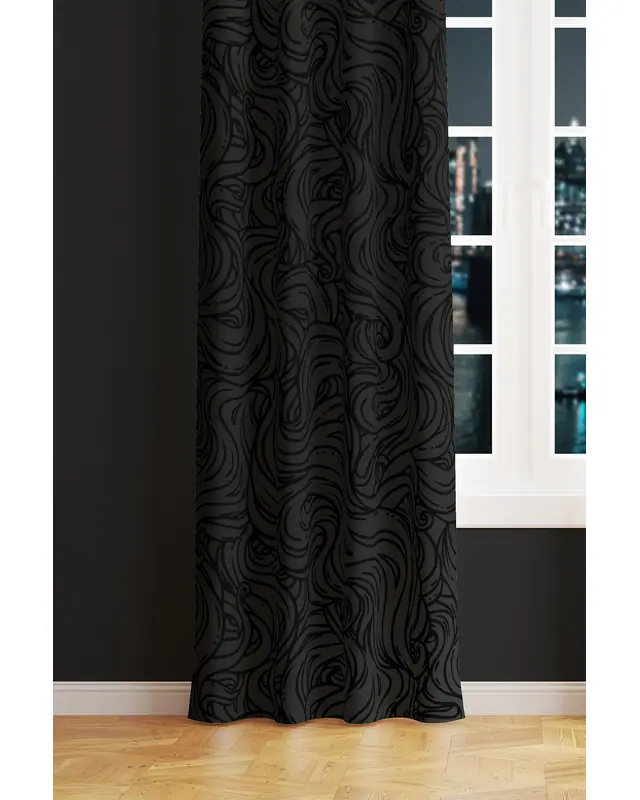 Grey Black Waved Patterned Suede Living Room Decorative Curtain Printed Pencil Pleat - Single Panel - PRD-1061-TK - 2