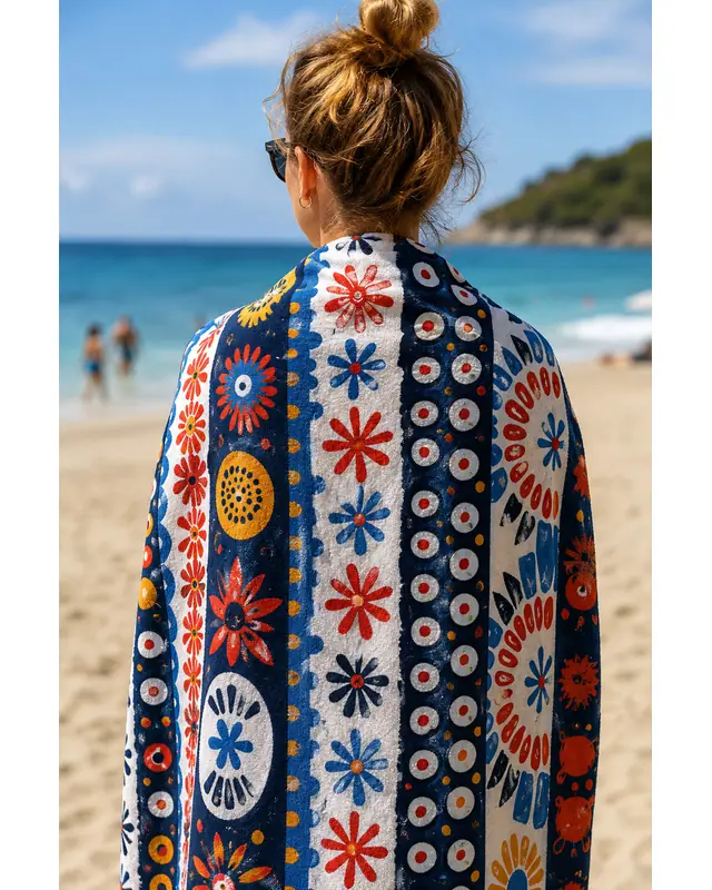 Dijital Baskılı 70x150cm Renkli Eski Çiçekler Desenli Plaj Havlusu - Banyo Havlusu - Deniz Havlusu - 2