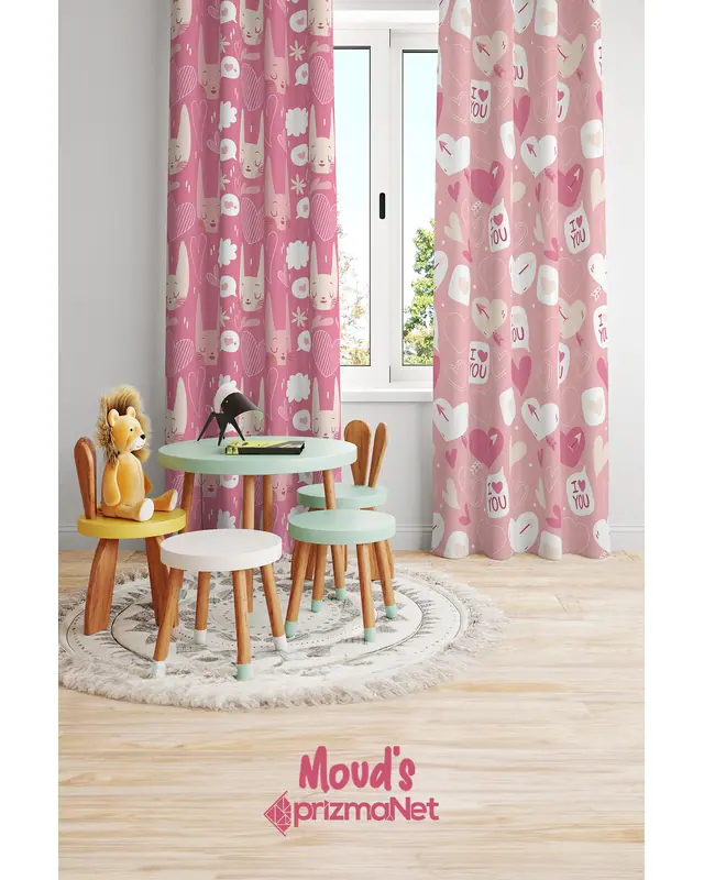 Love and Cat Patterned Printed Kids' and Baby Room Decorative Curtain - Set of 2 Panels - PRD-32 - 2