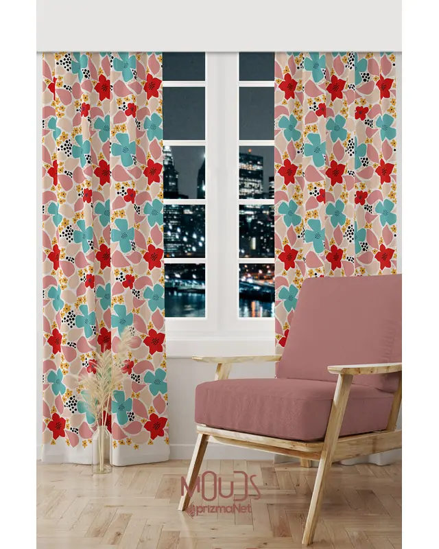 Vibrant Colorful Flowers Patterned Suede Living Room Decorative Curtain Pencil Pleat - Set of 2 Panels - PRD-1033