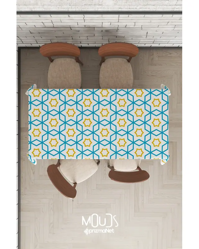 Blue Yellow Islamic Rectangular Easy-Care Suede-Feel Tablecloth - MS-218 - 4