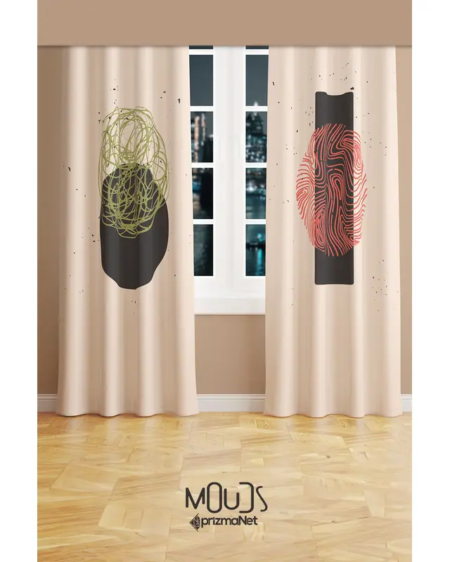 Minimal Art Patterned Suede Living Room Decorative Curtain Printed Pencil Pleat Body - Set of 2 Panels - PRD-1113 - 2