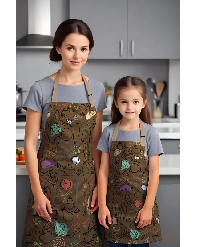 Mom Girl 2 Brown Dining Patterned Kitchen Apron, Chef Apron, Child Frontness, Event Front - MTS-01 - 2