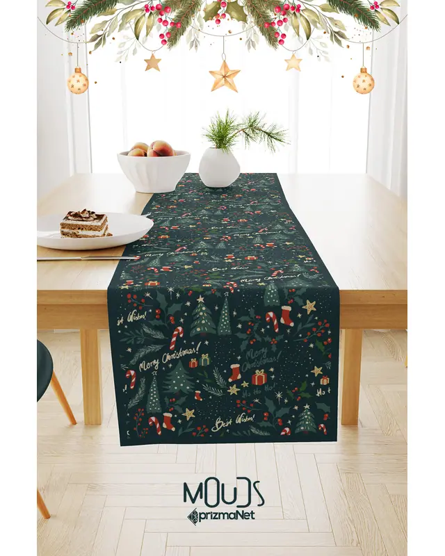 Yeşil Merry Christmas Yılbaşı Desenli Süet Runner Masa Örtüsü