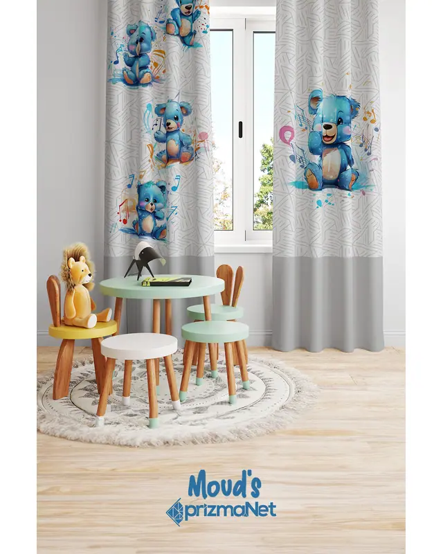 Blue Bear Patterned Printed Kids' and Baby Room Decorative Curtain - Set of 2 Panels - PRD-02 - 2