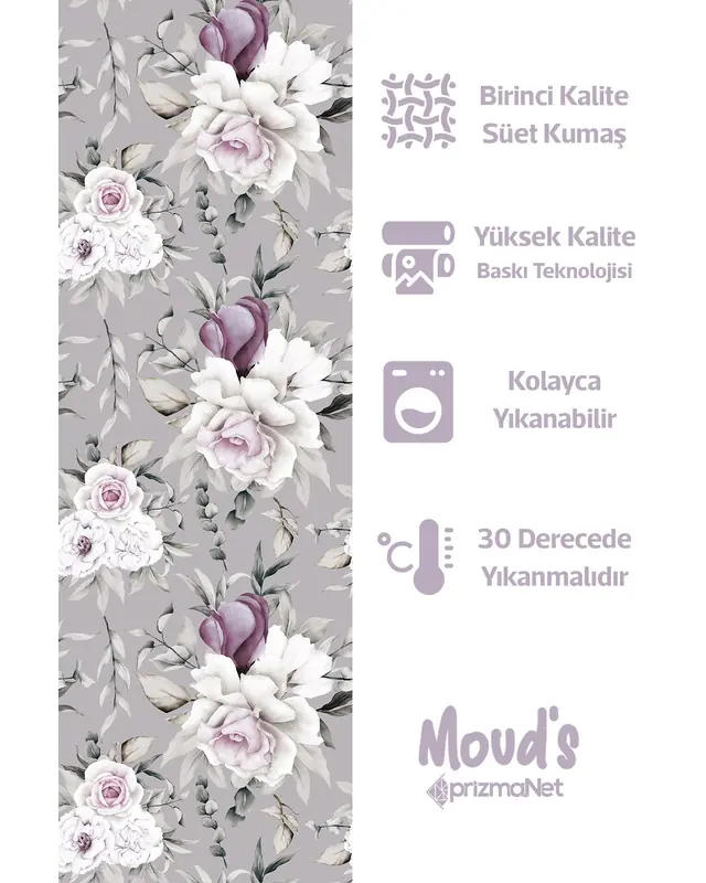 Grey Purple Floral Pattern Printed Suede Table Runner - 2