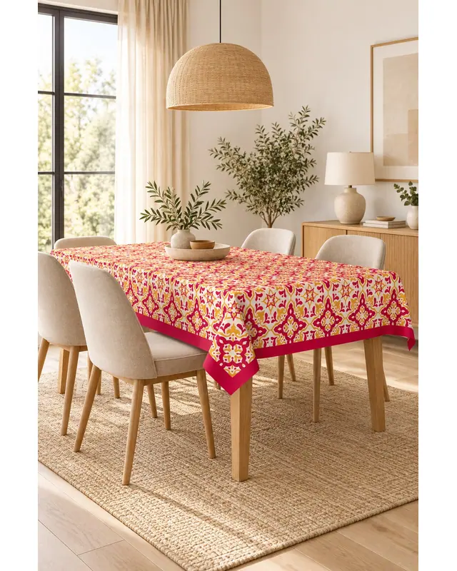 Burgundy Yellow Ornament Islamic Rectangular Easy-Care Suede-Feel Tablecloth - MS-234