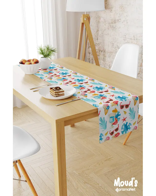 Blue Limonata and Dondurma Pattern Printed Suede Table Runner