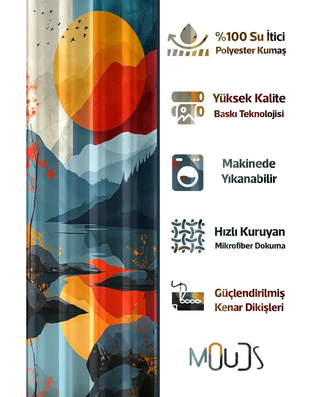 Banyo Perdesi, Kızıl Günbatımı Desenli Duş Perdesi, Küvet Perdesi, Halka Hediyeli 175x200cm BP-42 - 2