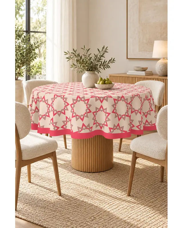 Pembe Rose İslamik Desenli Süet Kumaş Dertsiz Yuvarlak Masa Örtüsü