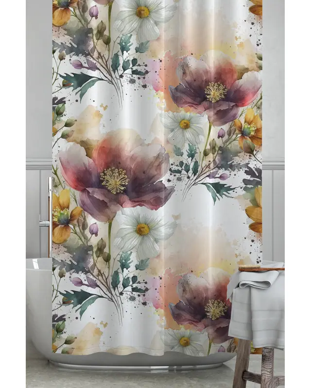 Banyo Perdesi, Çiçek Harmonisi Desenli Duş Perdesi, Küvet Perdesi, Halka Hediyeli 175x200cm BP-81