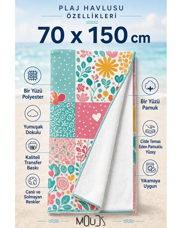 Dijital Baskılı 70x150cm Puantiyeli Bahçe Desenli Plaj Havlusu - Banyo Havlusu - Deniz Havlusu - 2