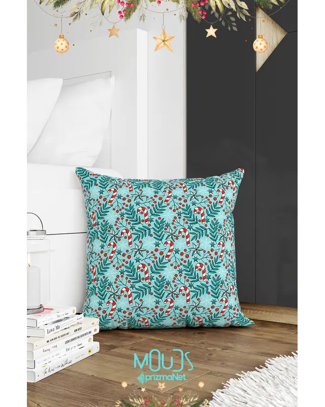 Double-Sided Printed Set of 4 Kokina Blue Şeker Kamışı Christmas Pattern Cushion Cover New Year PL1130-4LÜ - 4