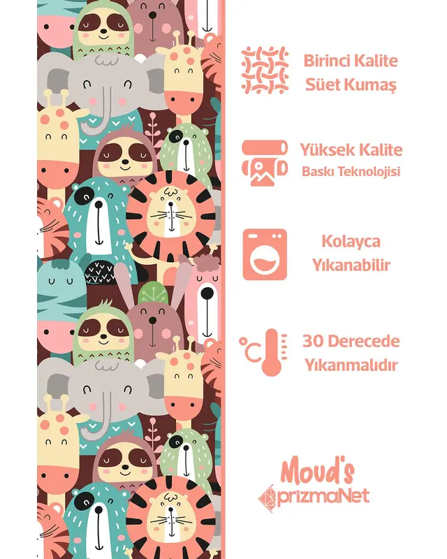Colorful Animals Patterned Decorative Curtain Kids' and Baby Room Printed Suede Pencil Pleat - Single Panel - PRD-07-TK - 6