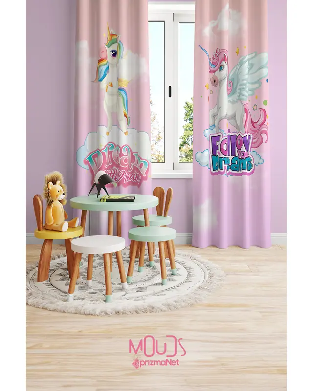 Rüya Unicorn Desenli Fon Perde Çocuk ve Bebek Odası Süet Baskılı Ekstrafor Büzgü 2 Kanat PRD-68