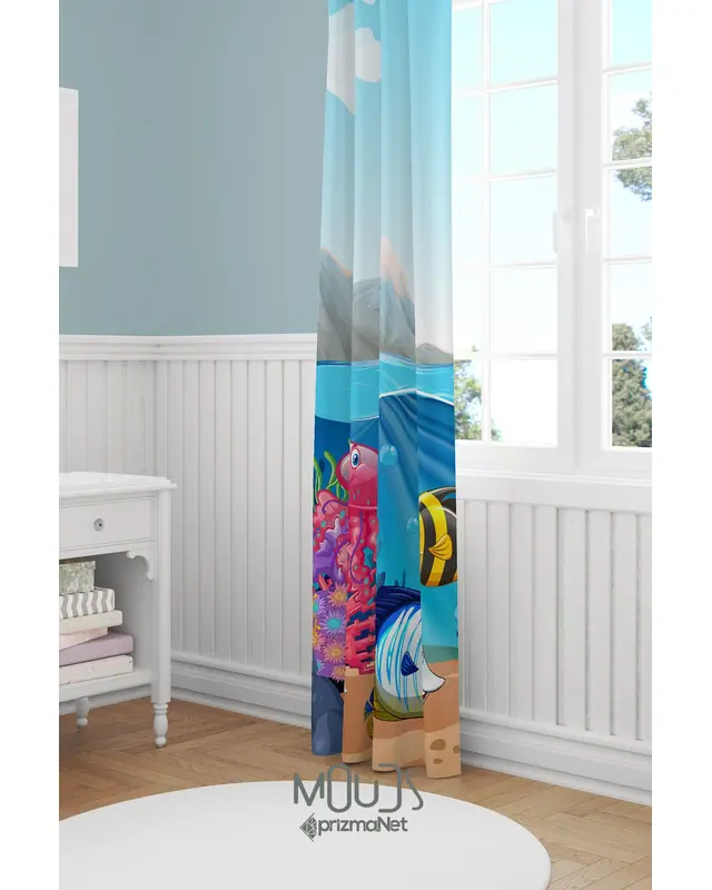Marine Animals Patterned Decorative Curtain Kids' and Baby Room Suede Digital Printing Pencil Pleat Off-Bridge - Single Panel - PRD-71-TK - 2