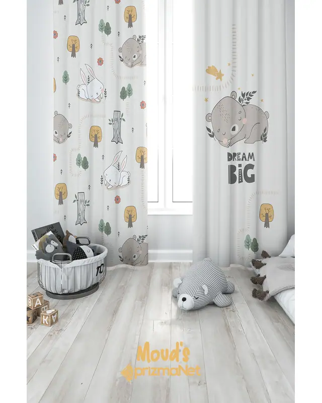 Tavşan ve Ayıcık-2 Desenli Baskılı Çocuk ve Bebek Odası Fon Perdesi 2 Kanat - PRD-04-2