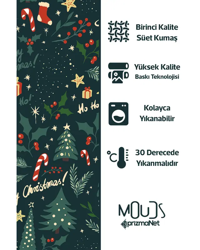 Yeşil Merry Christmas Yılbaşı Desenli Yuvarlak Süet Dertsiz Masa Örtüsü - 3