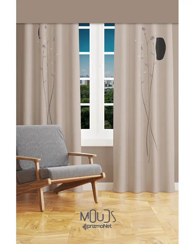 Bej Minimal Çiçek Desenli Süet Oturma Odası Salon Fon Perde Baskılı Ekstrafor Büzgü 2 Kanat PRD-1058 - 2