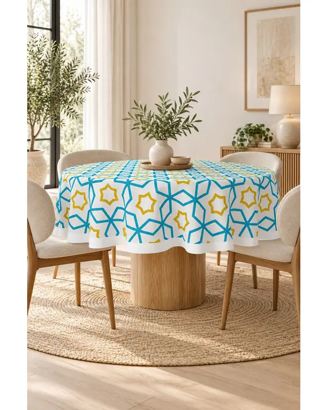 Blue Yellow Islamic Round Easy-Care Suede-Feel Tablecloth - MSY-218