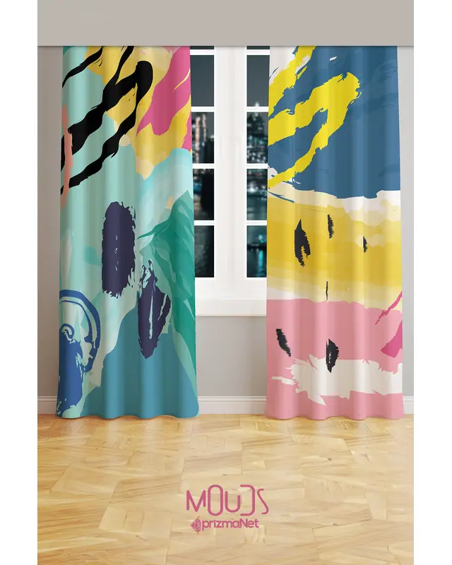 Brush Art 1 Patterned Suede Living Room, Salon Decorative Curtain Printed Pencil Pleat Body - Set of 2 Panels - PRD-1003 - 2