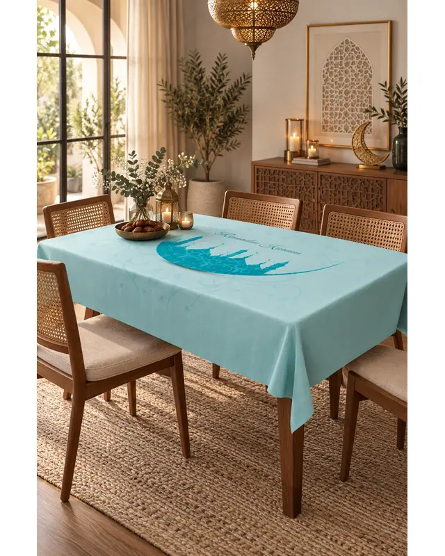 Ramadan Turquoise Mosque Silhouette Rectangular Easy-Care Suede-Feel Tablecloth - MS-257