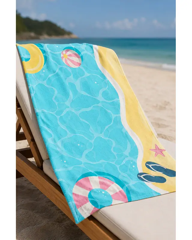 Dijital Baskılı 70x150cm Mavi Tatil Desenli Plaj Havlusu - Banyo Havlusu - Deniz Havlusu