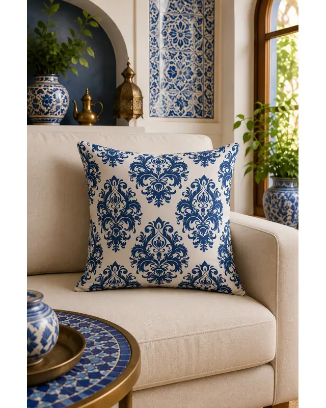 Double-Sided Printed Navy Vintage Pattern Set of 4 Coordinated Suede Cushion Cover - 4