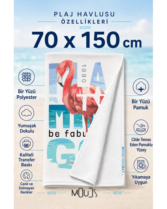 Dijital Baskılı 70x150cm Flamingo Desenli Plaj Havlusu - Banyo Havlusu - Deniz Havlusu - 3