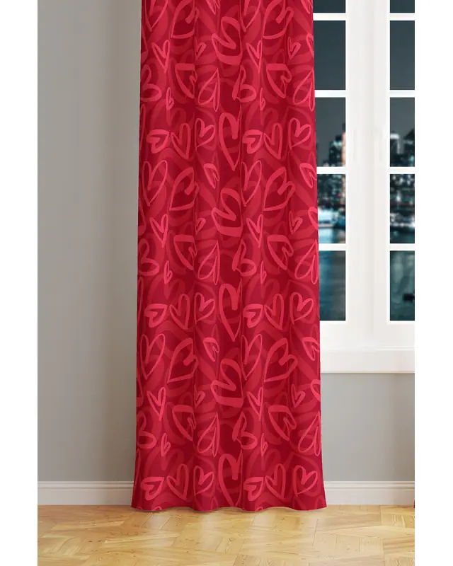 Red Pink Hearts Patterned Suede Living Room Decorative Curtain Pencil Pleat - Single Panel - PRD-1044-TK - 2