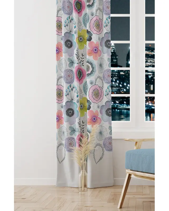 Water Blossom Patterned Suede Living Room Decorative Curtain Printed Pencil Pleat - Single Panel - PRD-1104-TK