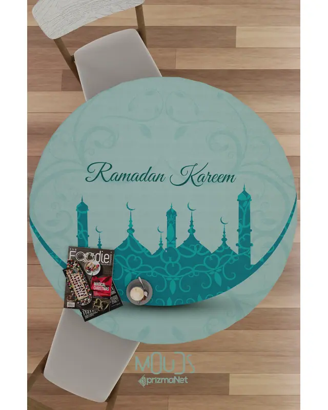 Ramadan Turquoise Mosque Silhouette Round Easy-Care Suede-Feel Tablecloth - MSY-257 - 2