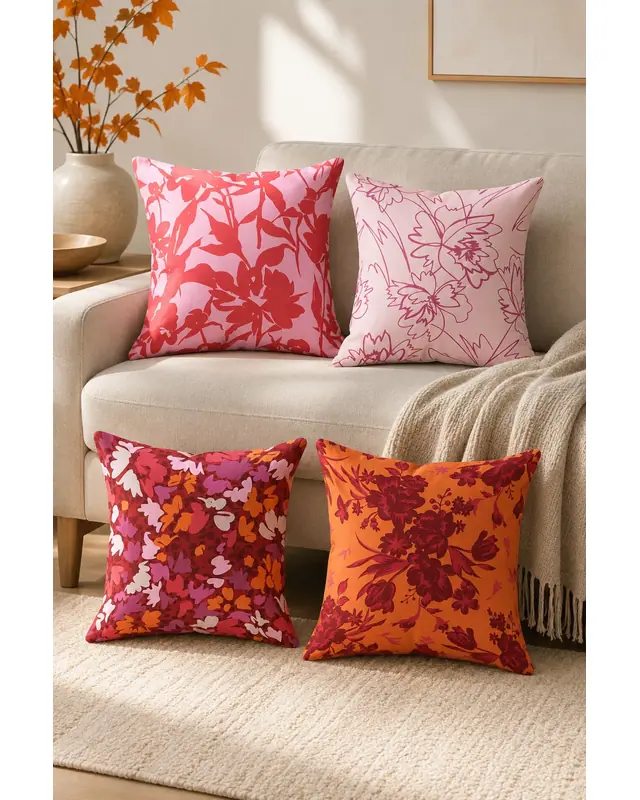 Double-Sided Printed Burgundy Pattern Set of 4 Coordinated Suede Cushion Cover - 8