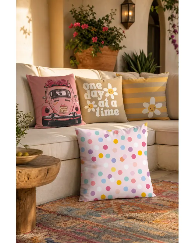 Bohemian & Retro Designed Decorative Cushion Cover Set Set of 4 – Daisy, Polka Dot, Vintage Car Printed Sofa Pillow Cover - 4