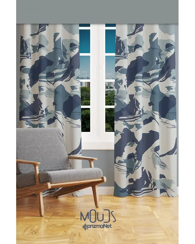 Blue Camouflage Patterned Suede Living Room Decorative Curtain Printed Pencil Pleat Body - Set of 2 Panels - PRD-1083 - 2