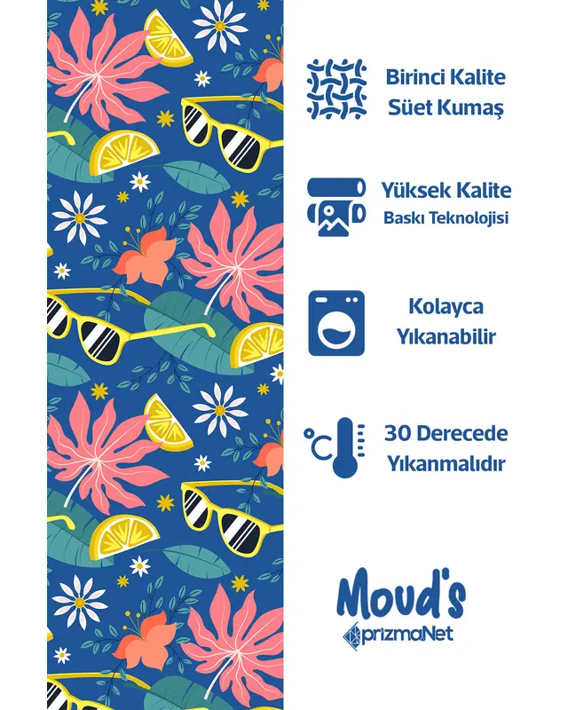 Navy Sun Gözlüğü Pattern Printed Suede Table Runner - 2