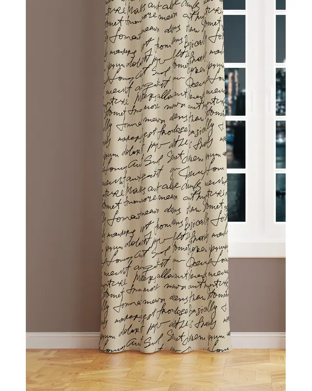 Cream Handwriting Patterned Suede Living Room Decorative Curtain Pencil Pleat - Single Panel - PRD-1096-TK - 2