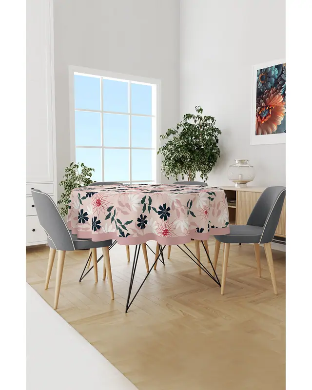 Mirror Flowers 4 Çiçek Desenli Yuvarlak Süet Dertsiz Masa Örtüsü
