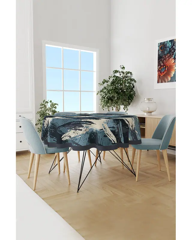 Blue Brush Desenli Yuvarlak Süet Dertsiz Masa Örtüsü