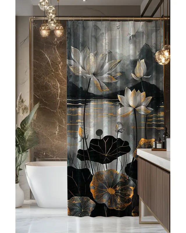 Banyo Perdesi, Lotus Işıltısı Desenli Duş Perdesi, Küvet Perdesi, Halka Hediyeli 175x200cm BP-90