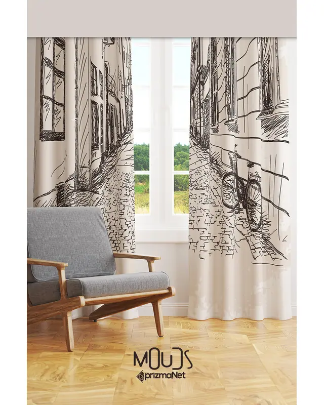 Street Eskiz Patterned Suede Living Room Decorative Curtain Printed Pencil Pleat Body - Set of 2 Panels - PRD-1046 - 2