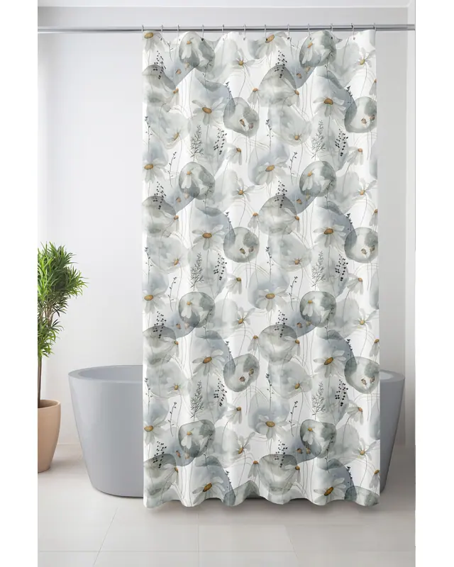 Banyo Perdesi, Sessiz Çiçekler Desenli Duş Perdesi, Küvet Perdesi, Halka Hediyeli 175x200cm BP-80