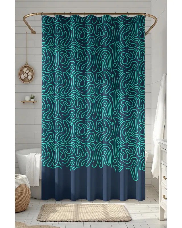 Banyo Perdesi, Yeşil Dalgalar Desenli Duş Perdesi Küvet Perdesi Halka Hediyeli 175x200cm BP-48
