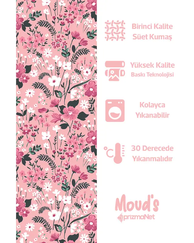 Pembe Pastel Çiçek Desenli Baskılı Süet Runner Masa Örtüsü - 3