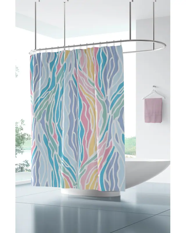 Banyo Perdesi, Pastel Şekiller Desenli Duş Perdesi, Küvet Perdesi, Halka Hediyeli 175x200cm BP-08