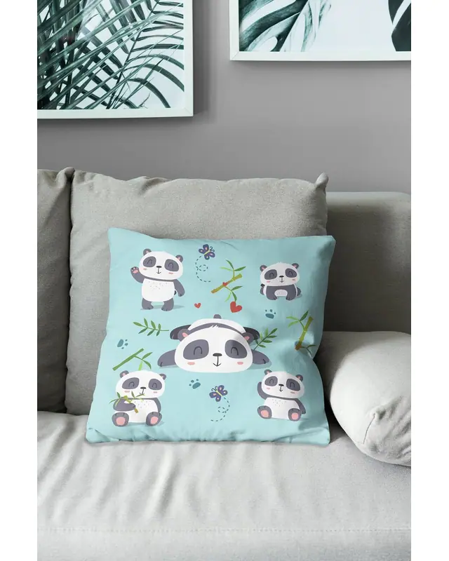 2'li Panda Pattern Double-Sided Printed Suede Cushion Cover Set - 7