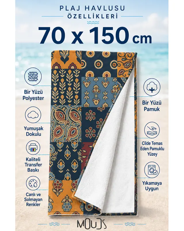 Dijital Baskılı 70x150cm Etnik Yama Desenli Plaj Havlusu - Banyo Havlusu - Deniz Havlusu - 2
