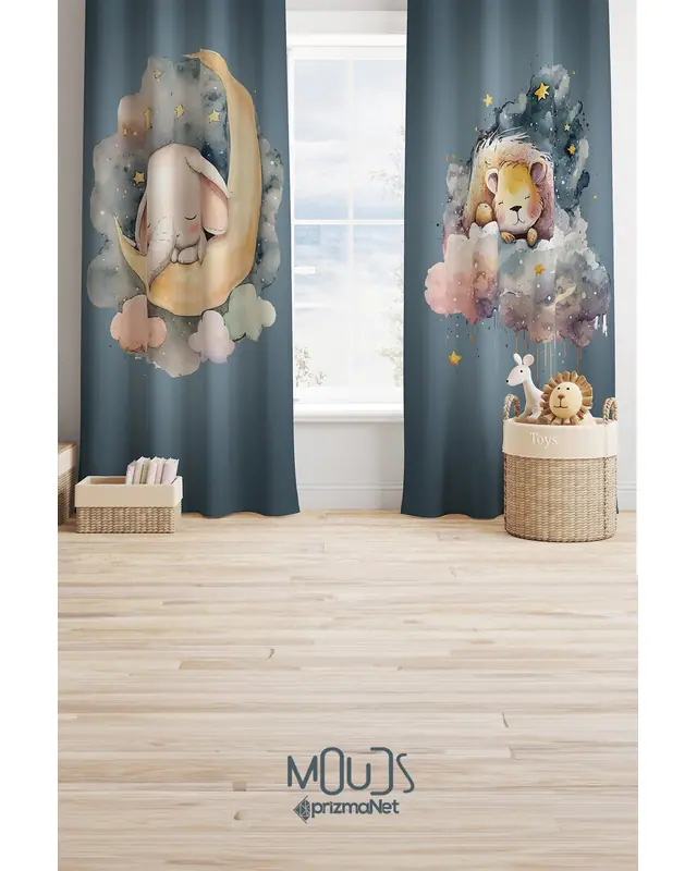 Sleeper Fil Lion Patterned Decorative Curtain Kids' and Baby Room Printed Suede Pencil Pleat Off - Set of 2 Panels - PRD-64 - 2