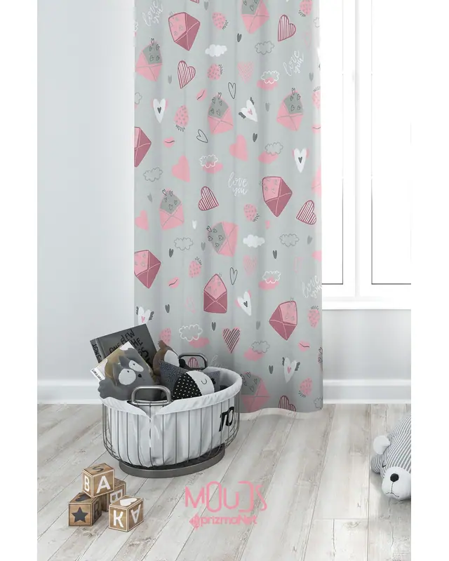 Heart and Envelope Patterned Decorative Curtain Kids' and Baby Room Digital Printed Suede Pencil Pleat - Single Panel - PRD-33-TK - 3